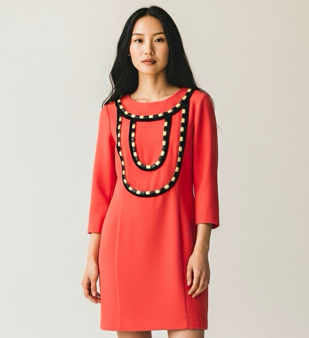 ALICE by Temperley Red Solid Shift Short Dress 3/4 Sleeve Beaded Round Neck Zip